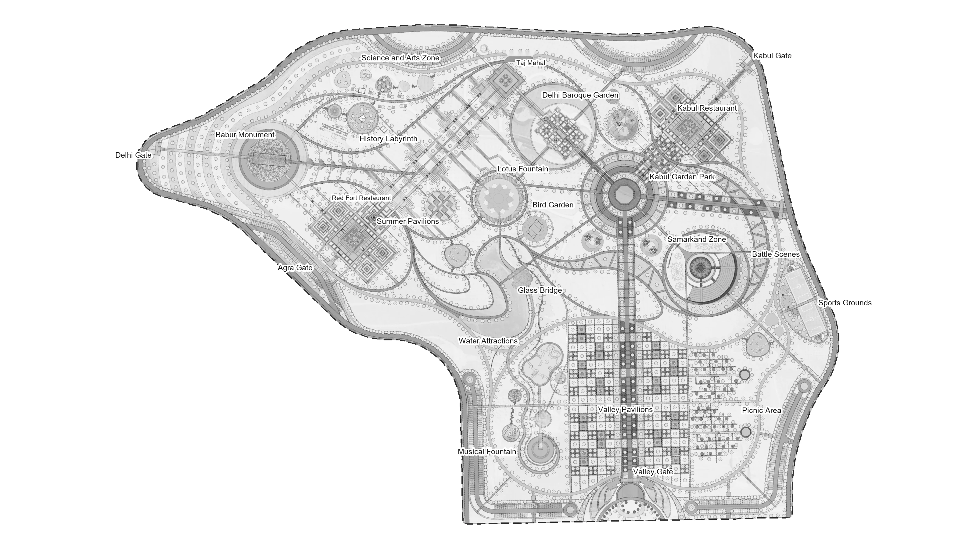 Bobur Park, Andijan - Master plan - Babur Garden: gates, themed gardens and pavilions